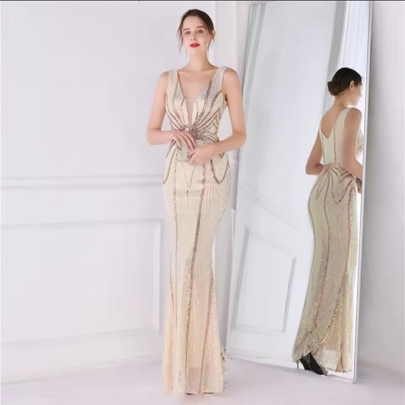 Champagne and Gold,  V Neck,  Striped,  Contrast Sequined Mermaid Gown - Picture 11 of 13